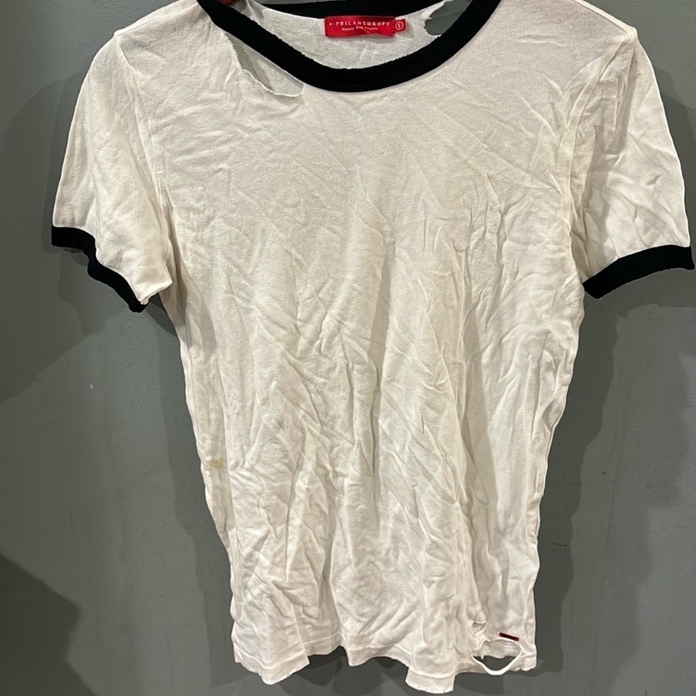 n: Philanthropy Women's Distressed Ripped Collar distressed t shirt